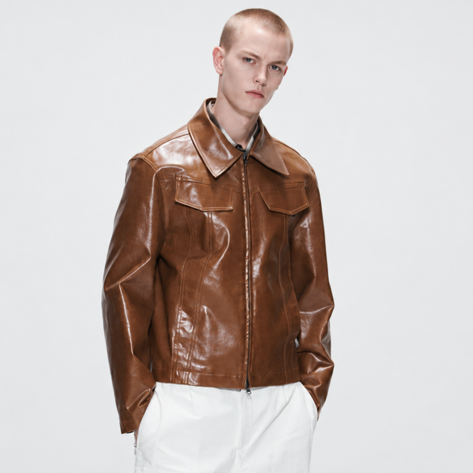 LEATHER TWO POCKET JACKET-BROWN 2