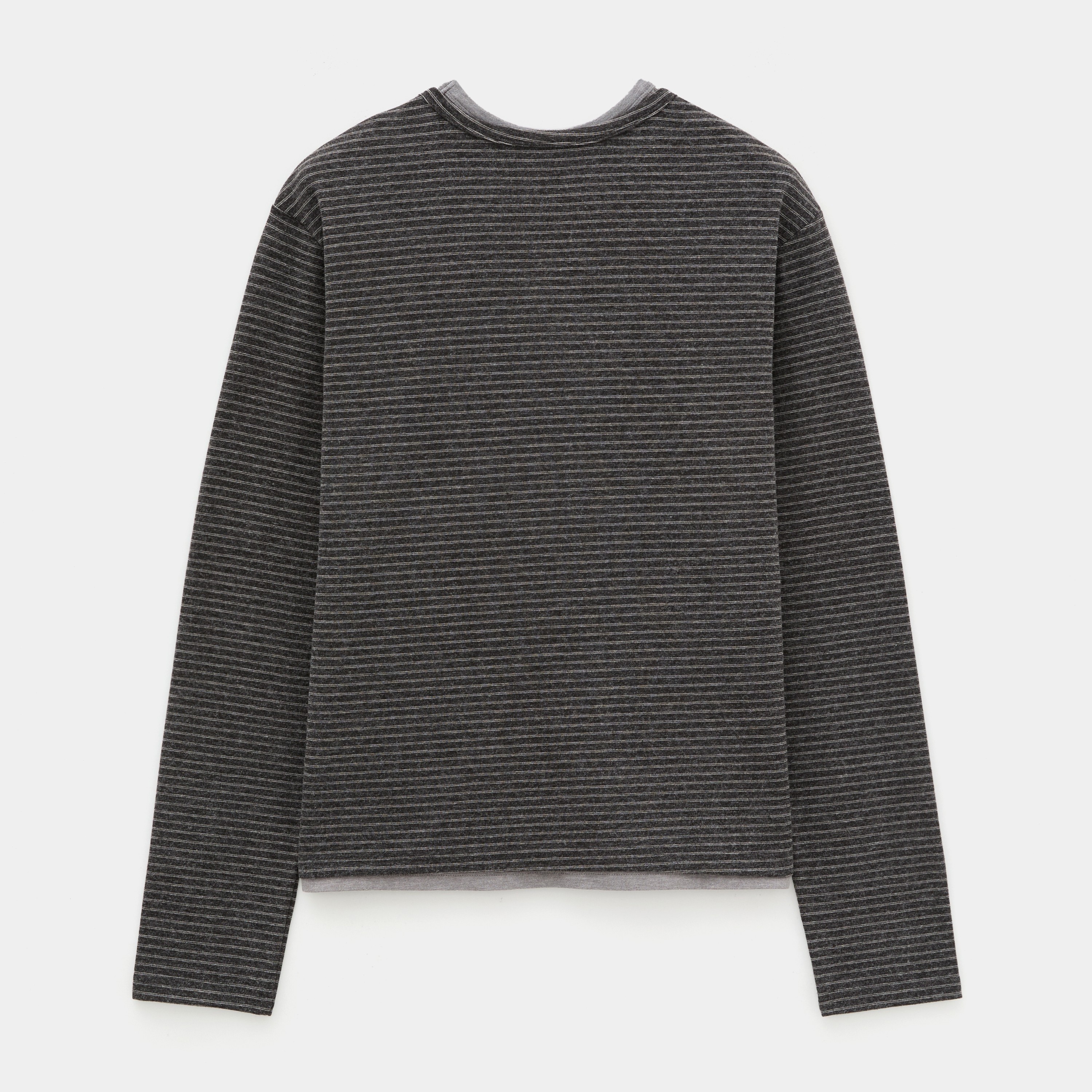 Stripe Layered Henley Neck Long Sleeve-CHARCOAL 3