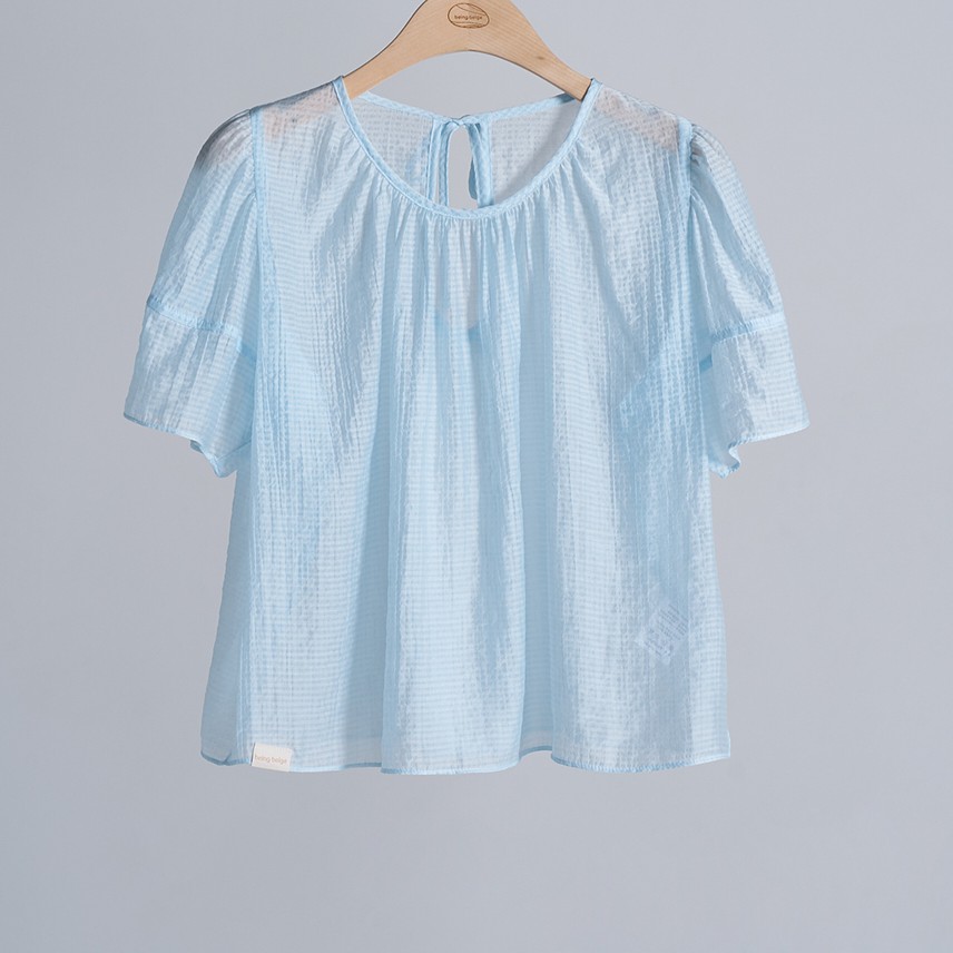 shirring puff check blouse Sky Blue 7