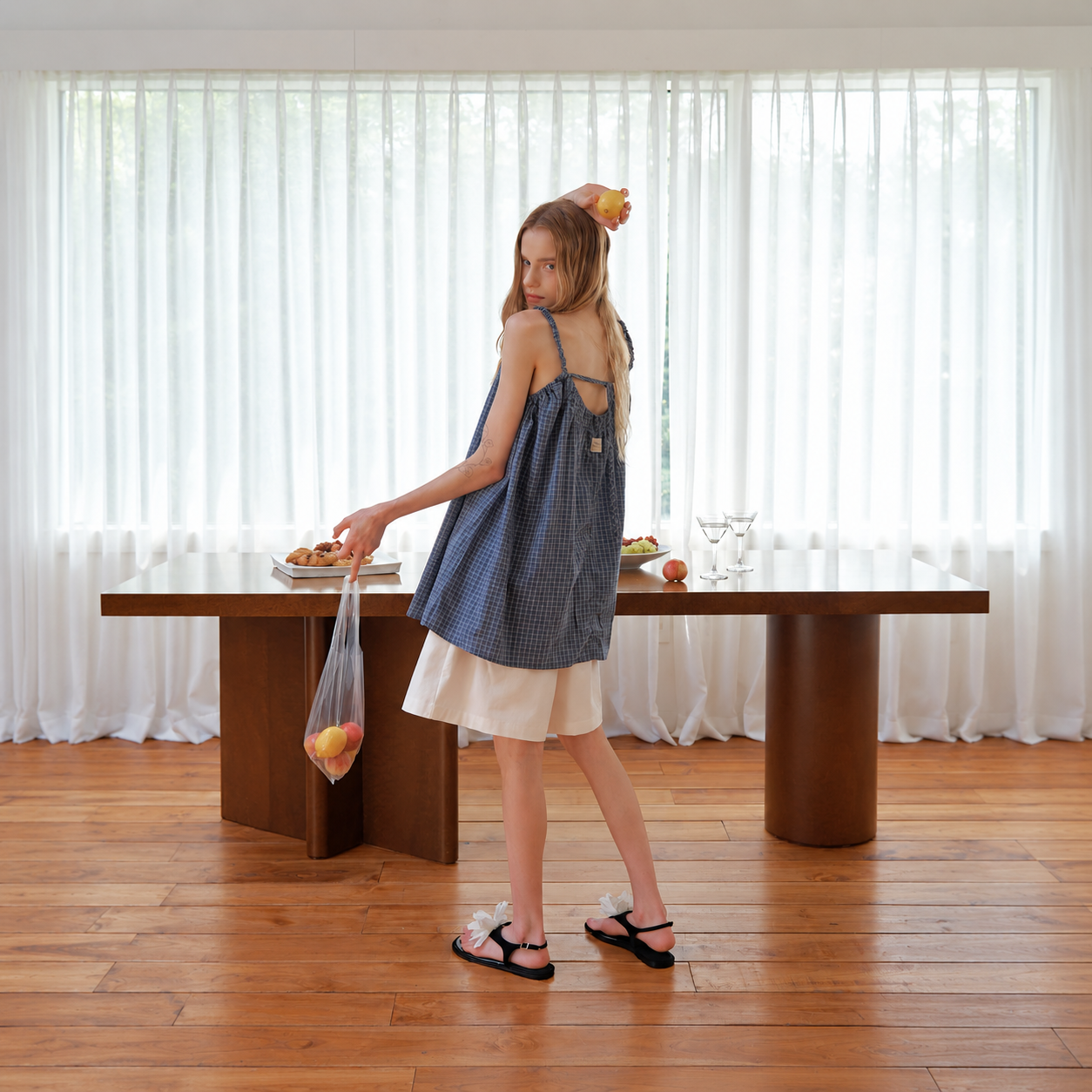 check shirring sleeveless Blue 6