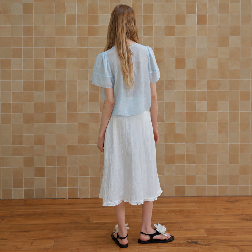 shirring puff check blouse Sky Blue 6