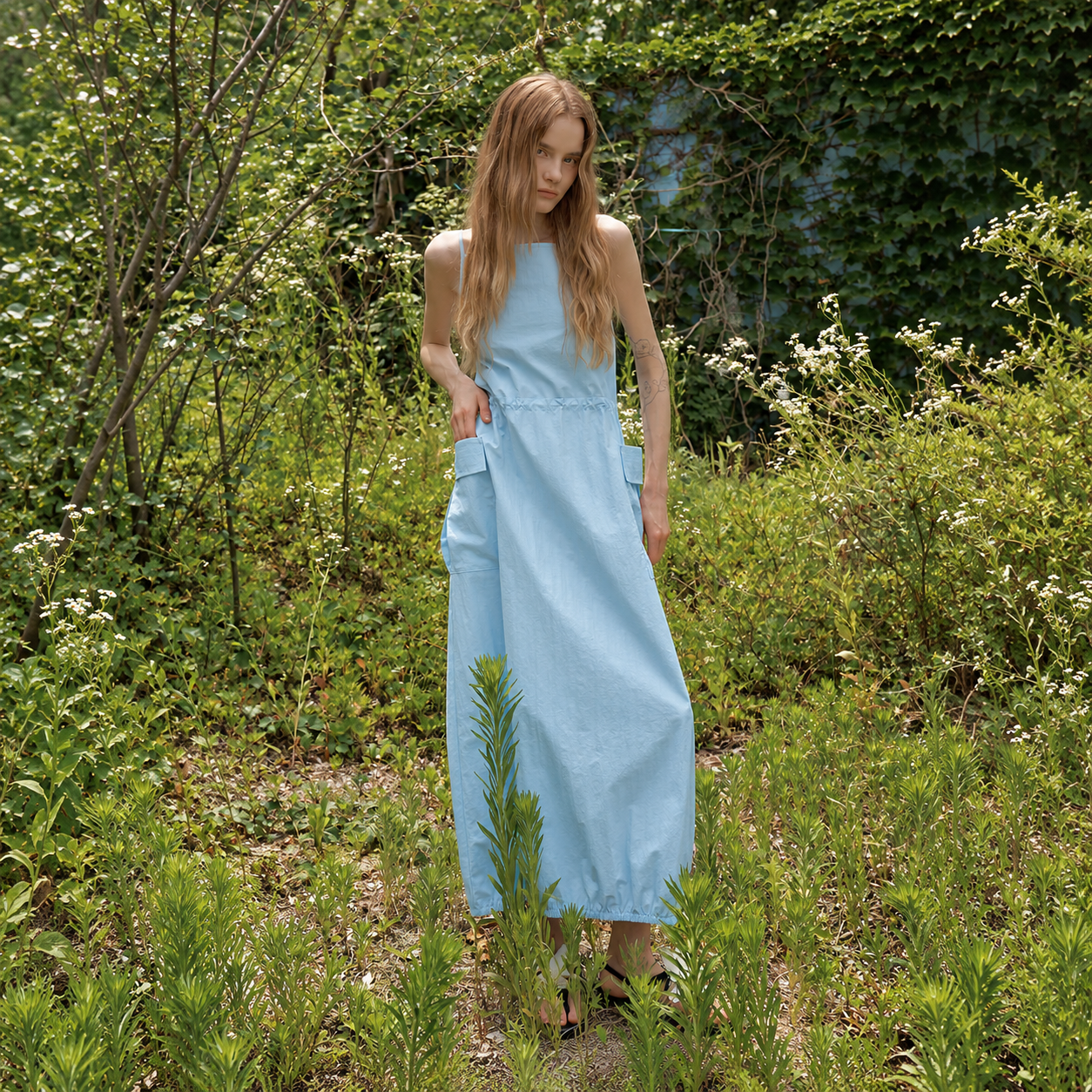 nylon square neck pocket balloon dress Sky Blue 2