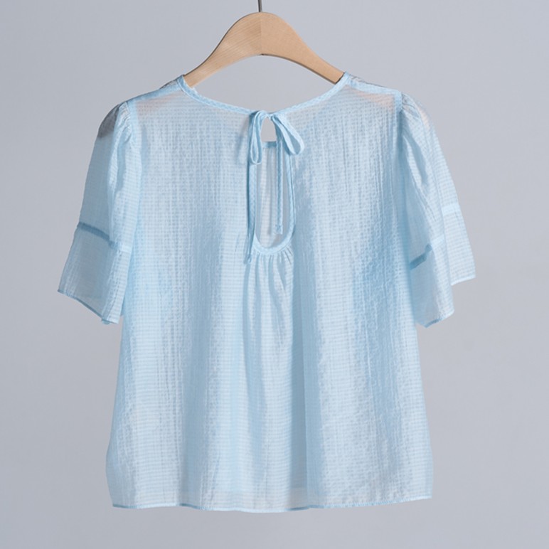 shirring puff check blouse Sky Blue 8