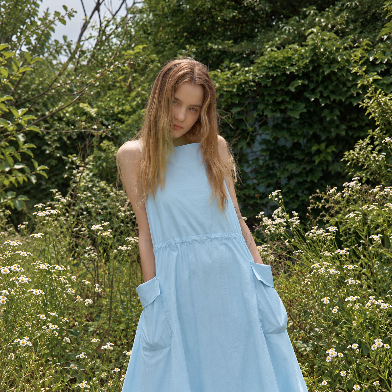 nylon square neck pocket balloon dress Sky Blue 5