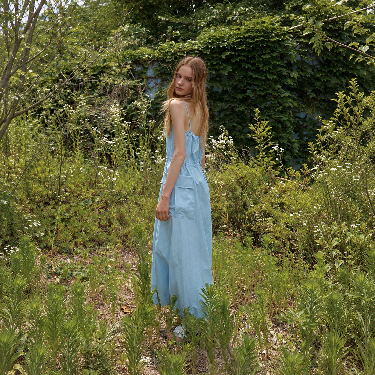 nylon square neck pocket balloon dress Sky Blue 7