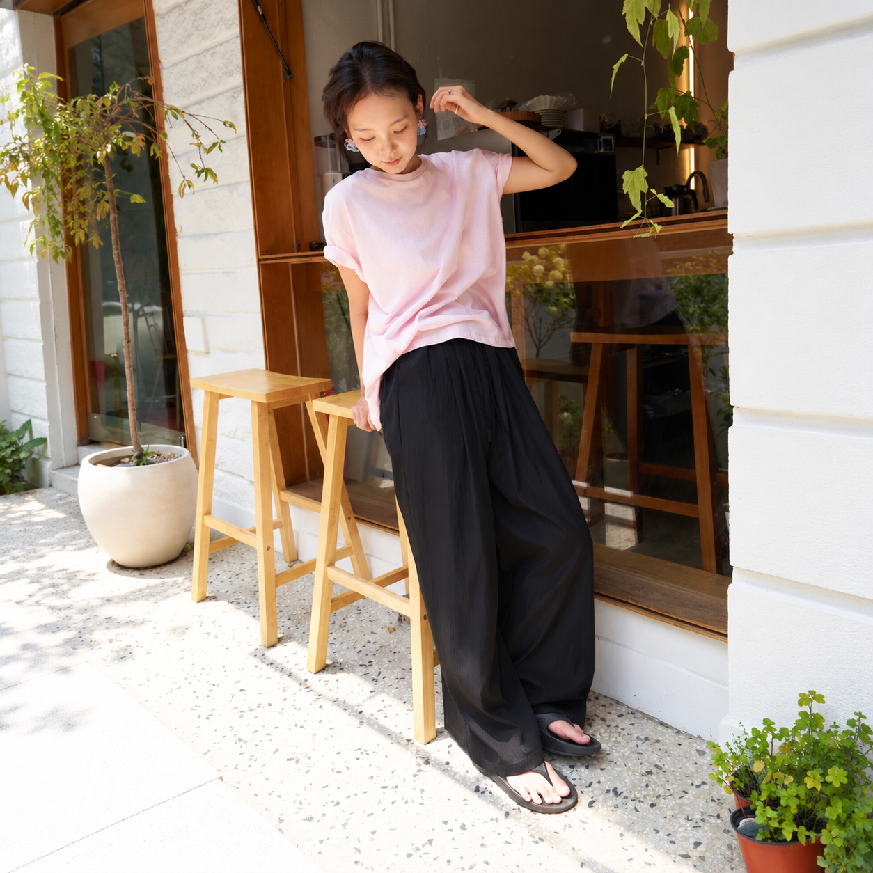 easy wide banding pants Black 4