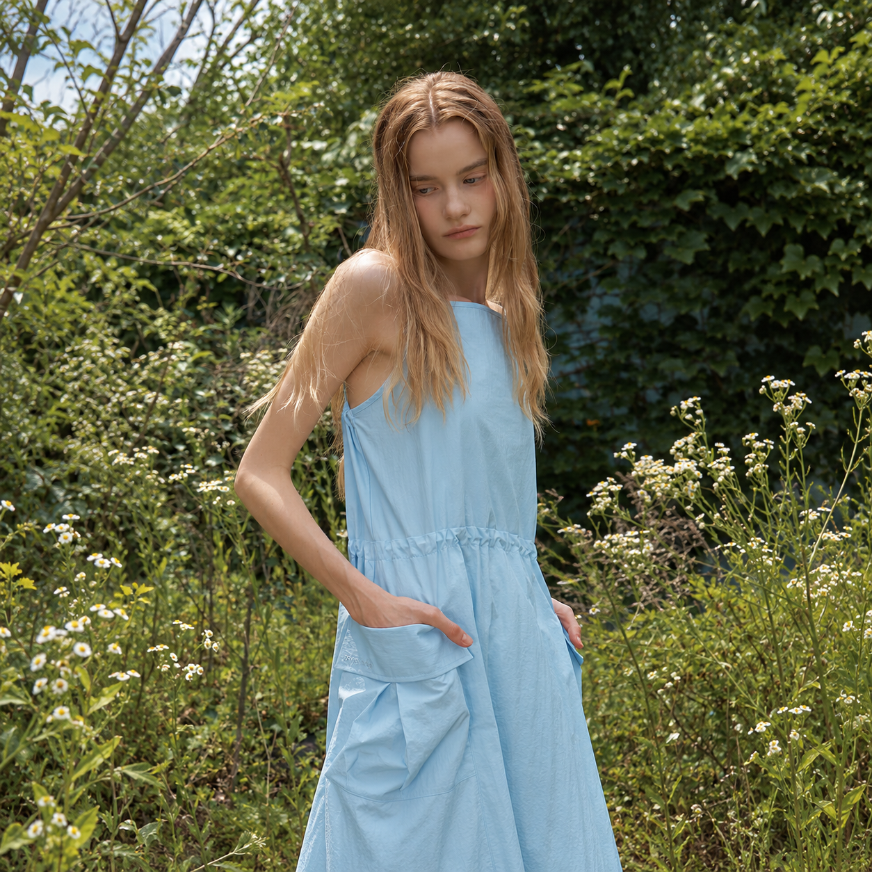 nylon square neck pocket balloon dress Sky Blue 4