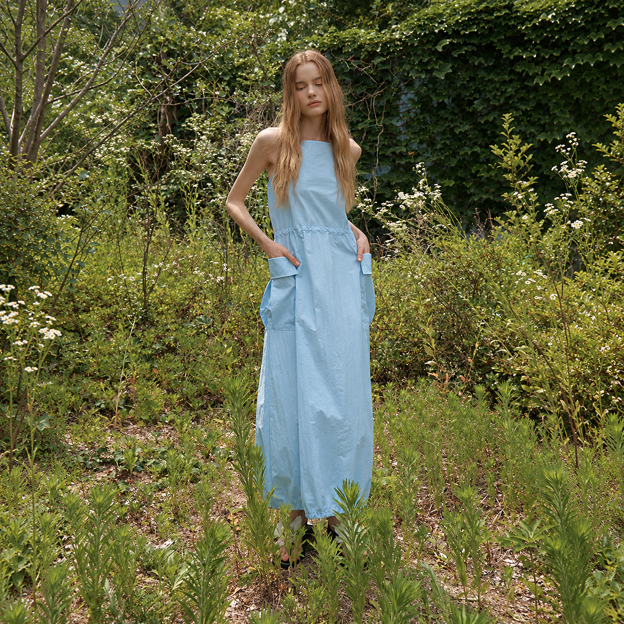 nylon square neck pocket balloon dress Sky Blue 6
