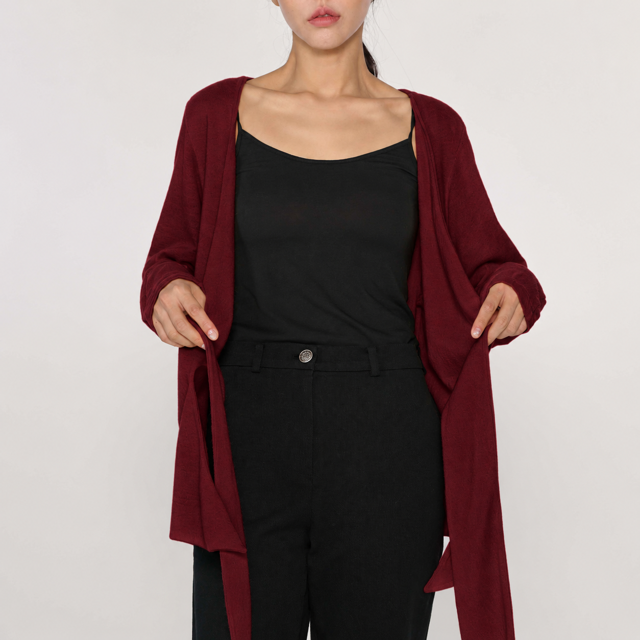Angora Tie Double-Layered Cardigan BURGUNDY 4