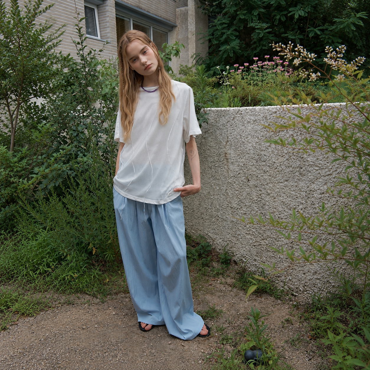 easy wide banding pants Sky Blue 4