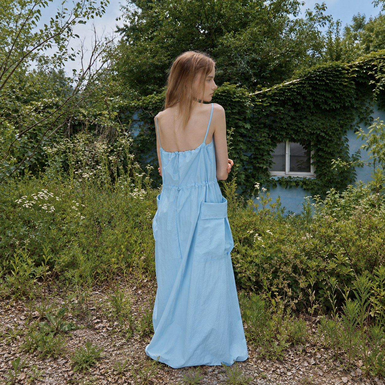 nylon square neck pocket balloon dress Sky Blue 3