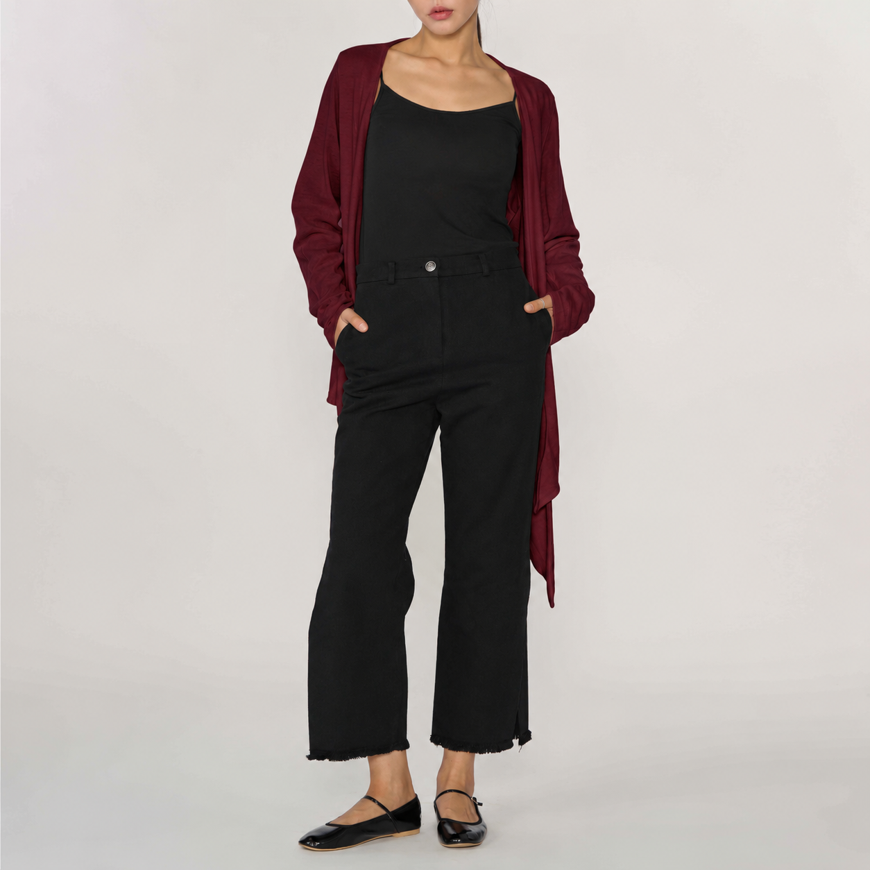 Angora Tie Double-Layered Cardigan BURGUNDY 2