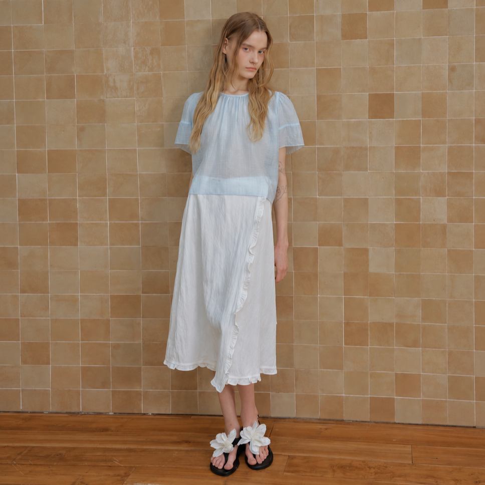 shirring puff check blouse Sky Blue 4