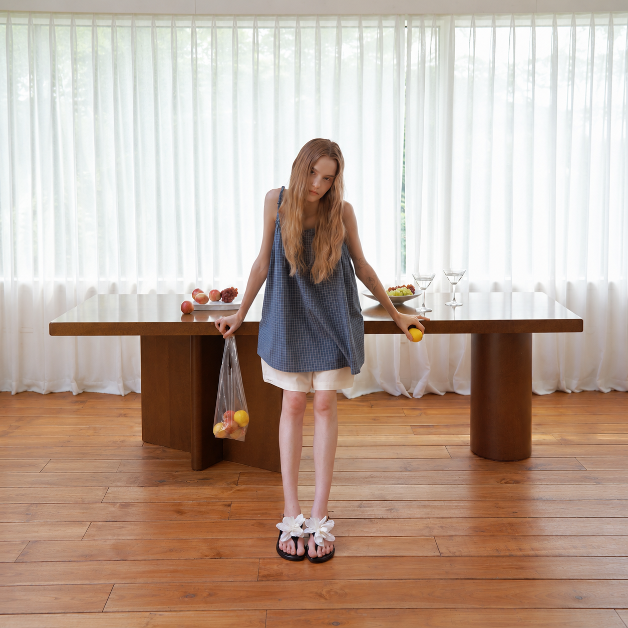 check shirring sleeveless Blue 5