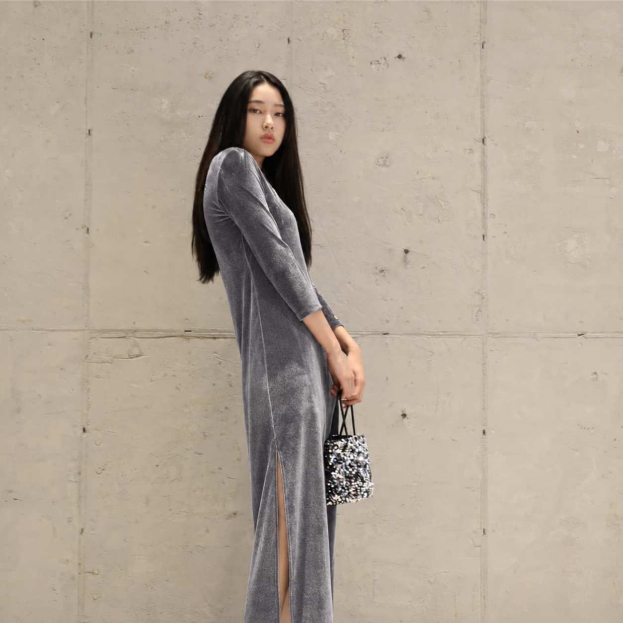 Back V-Neck Slim Dress GRAY 3
