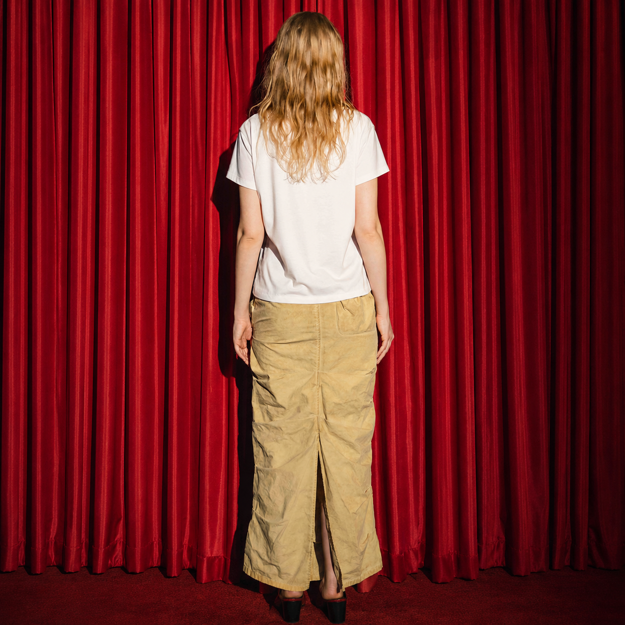 ASYMMETRIC TUCK SKIRT-BEIGE 2